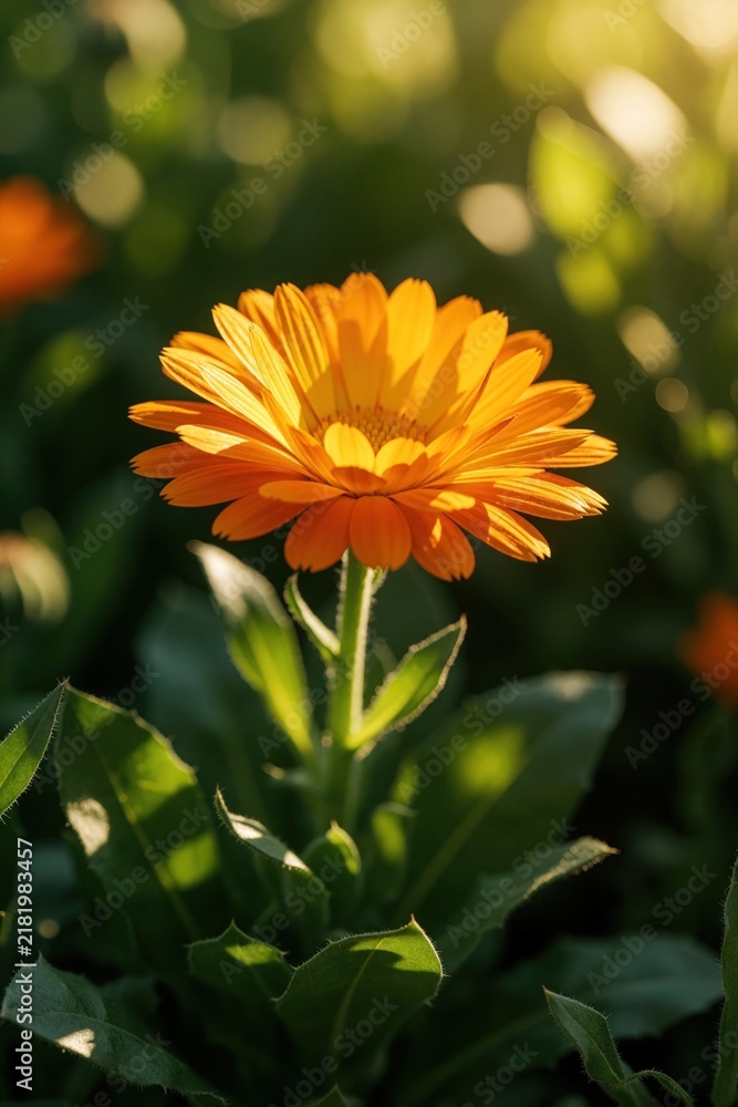 Obraz premium Fresh orange calendula flower grows in summer garden. Bright pot marigold blossom with green leaves under warm sunlight. Natural herbal plant blooming outdoors in nature. Healthy medicinal herb used