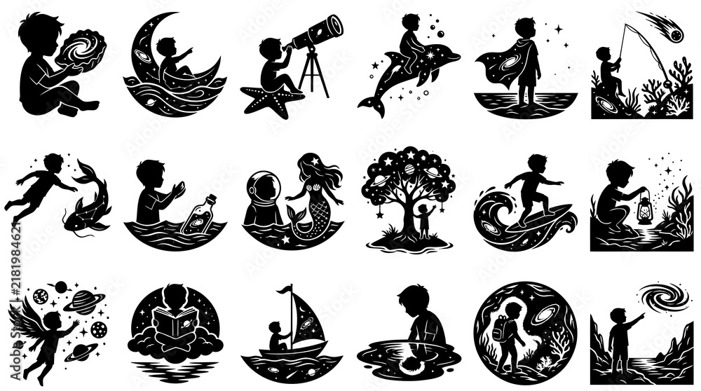 Fototapeta premium Childhood Fantasy Exploration Vector Silhouette Set with Kids, Space, and Nature Themes