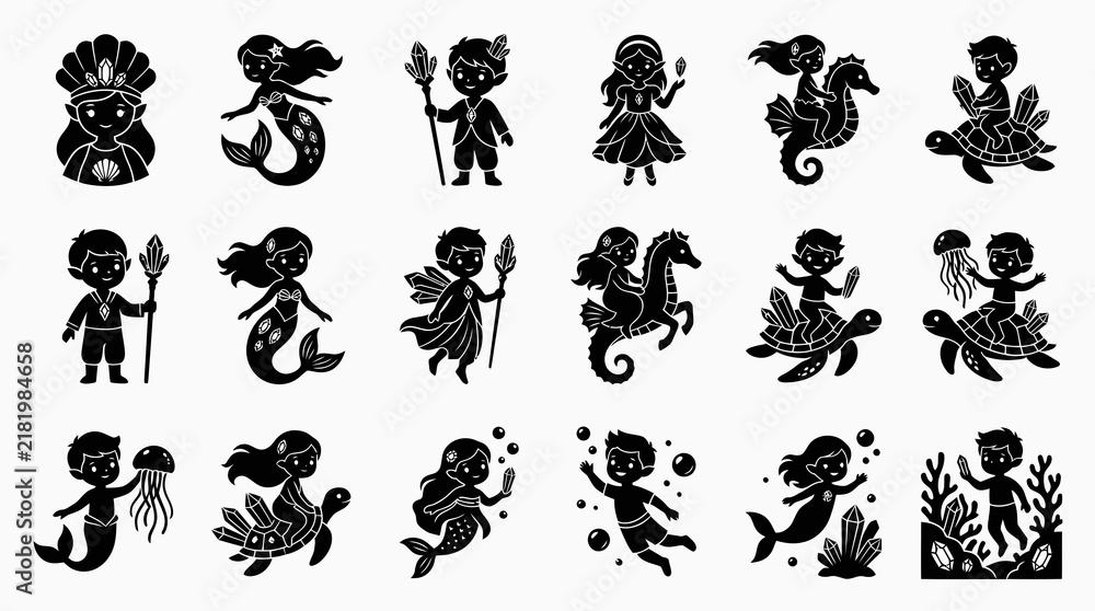 Fototapeta premium Cute Mermaid and Ocean Creatures Silhouettes Vector Graphics for Kids