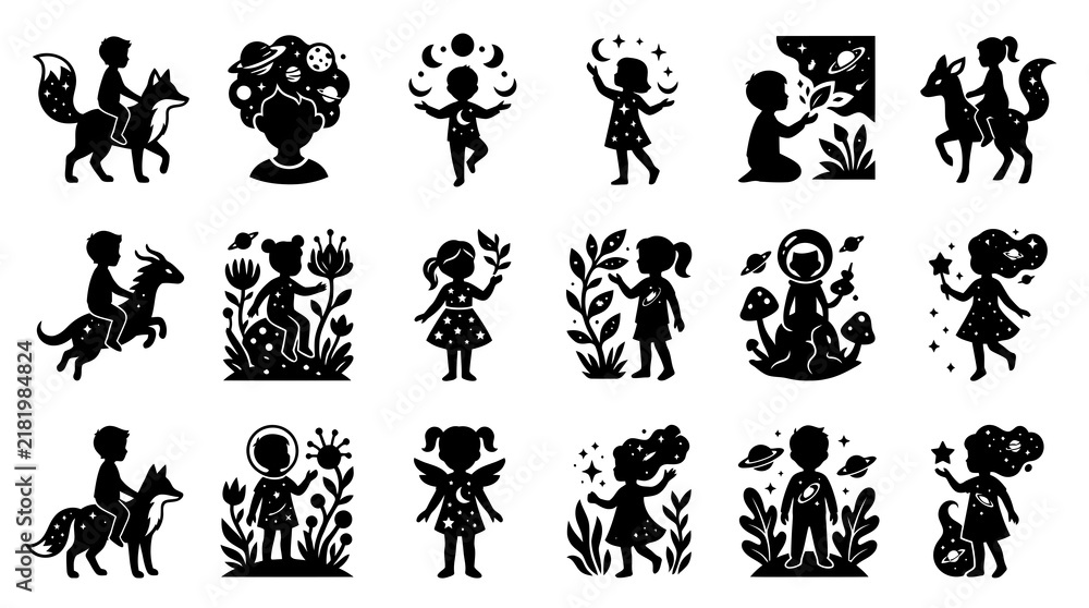 Fototapeta premium Childhood Imagination: Black White Glyph Vector Set of Kids, Space Exploration, and Nature Dreams Silhouettes