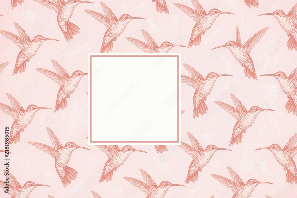 Obraz premium Delicate pink background features repeating hummingbird illustration pattern. A blank square frame sits centered, ready for custom text or image. Perfect for invitations, notes, or feminine designs.