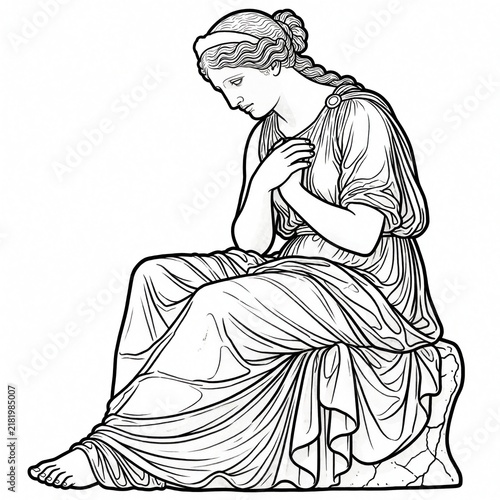 Sad classical statue illustration depicts a grieving woman with clasped hands, head bowed. Elegant line art style shows emotion, ideal for art, psychology, or tattoo design.