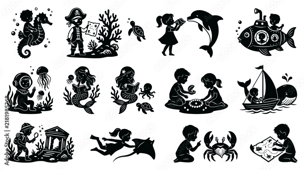 Fototapeta premium Children's Marine Adventure Black and White Silhouette Vector Set with Kids, Sea Animals, and Ocean Exploration