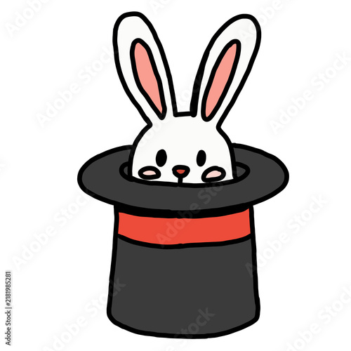 Cute Hand Drawn Bunny Rabbit Magic Hat Circus Doodle. Cute hand drawn cartoon rabbit popping out of a magician’s top hat. Playful circus and magic themed illustration isolated on a white background, 