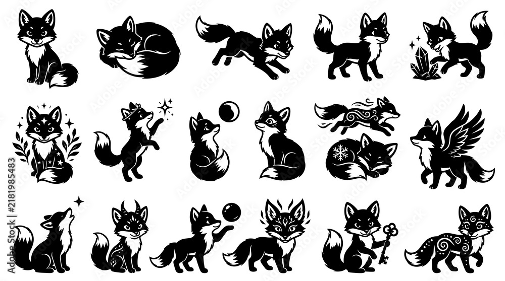 Obraz premium Mystical Fox Silhouette Set: Whimsical Black and White Glyph Art Icons Collection