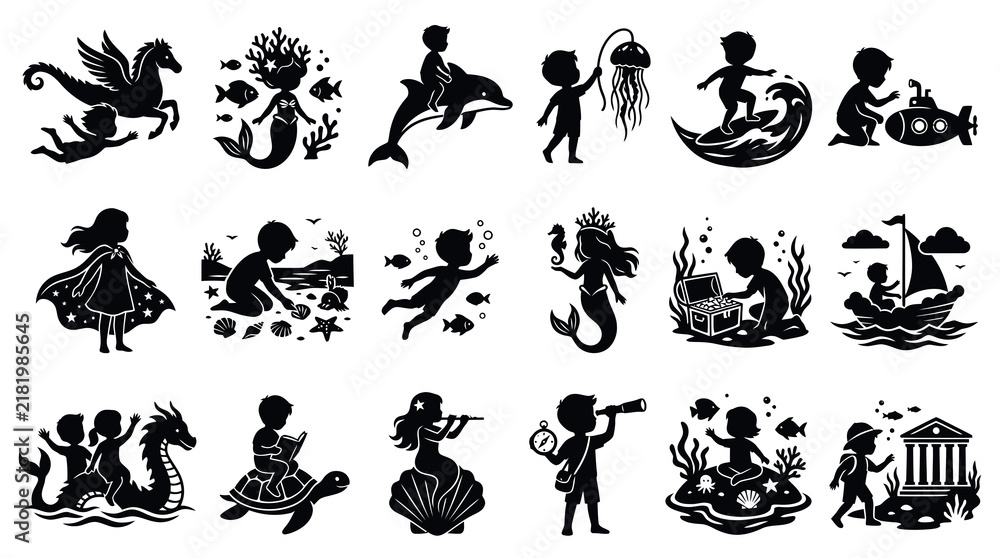 Fototapeta premium Children Kids Fantasy Ocean Adventure Silhouettes Set. Boys Girls Playing, Exploring, Mermaids, Dragons Glyphs