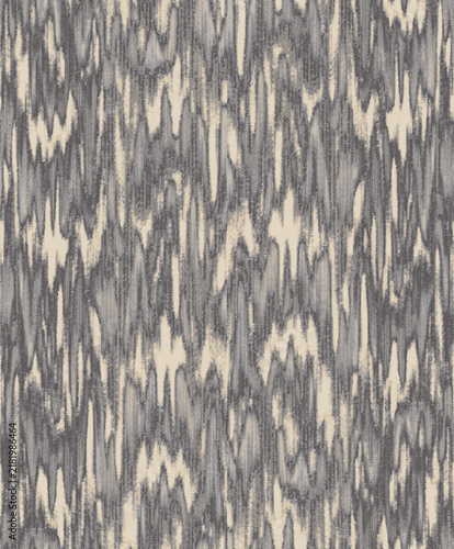 Seamless sophisticated charcoal grey and beige woven textile pattern featuring elegant layered ikat motifs with delicate herringbone fabric textures