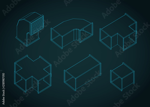 Fototapeta kuchenna Ventilation duct network elements isometric blueprint vector illustration set