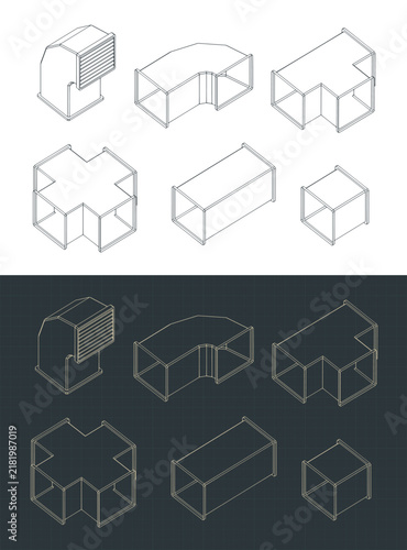 Fototapeta kuchenna Ventilation duct network elements isometric blueprint set