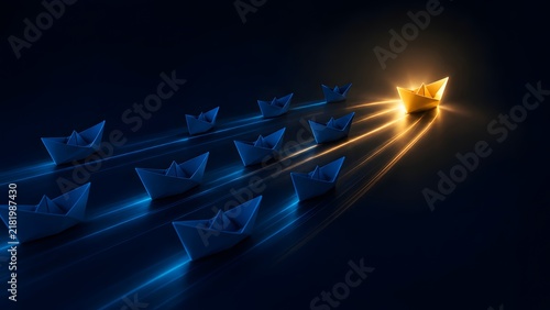 Glowing yellow origami paper boat leading fleet of blue boats representing innovative leadership and business strategy