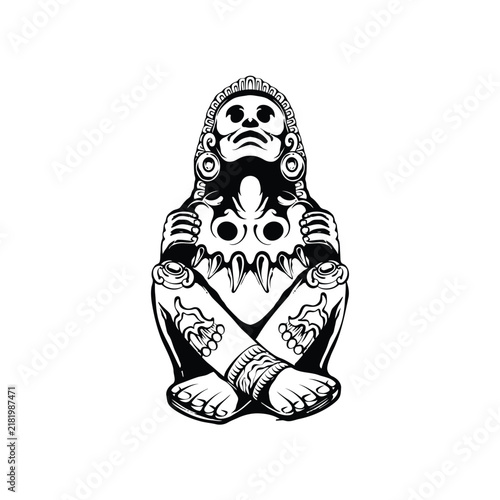 Fotografie Seated Tribal Masked Figure Black and White Illustration