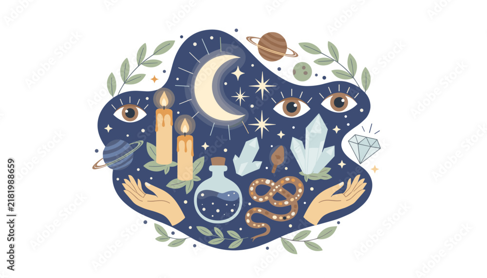 Fototapeta premium Mystical and magical celestial illustration featuring a crescent moon, crystals, candles, hands and a snake on dark blue background.