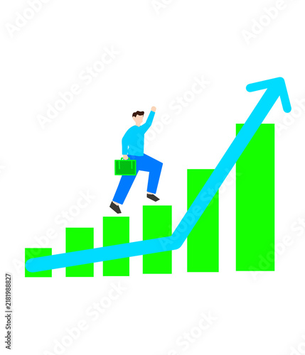 Businessman climbing a rising bar chart with an upward arrow, symbolizing business growth and financial success