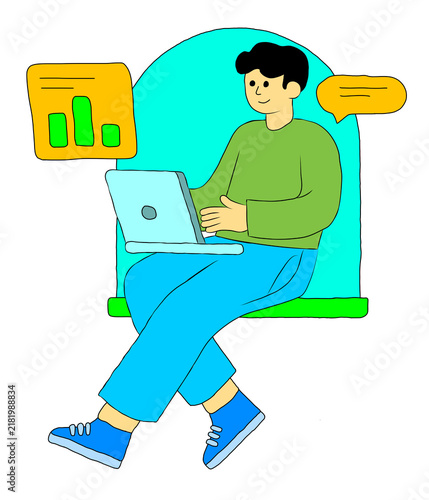 Young businessman working on a laptop with business analytics and digital communication icons