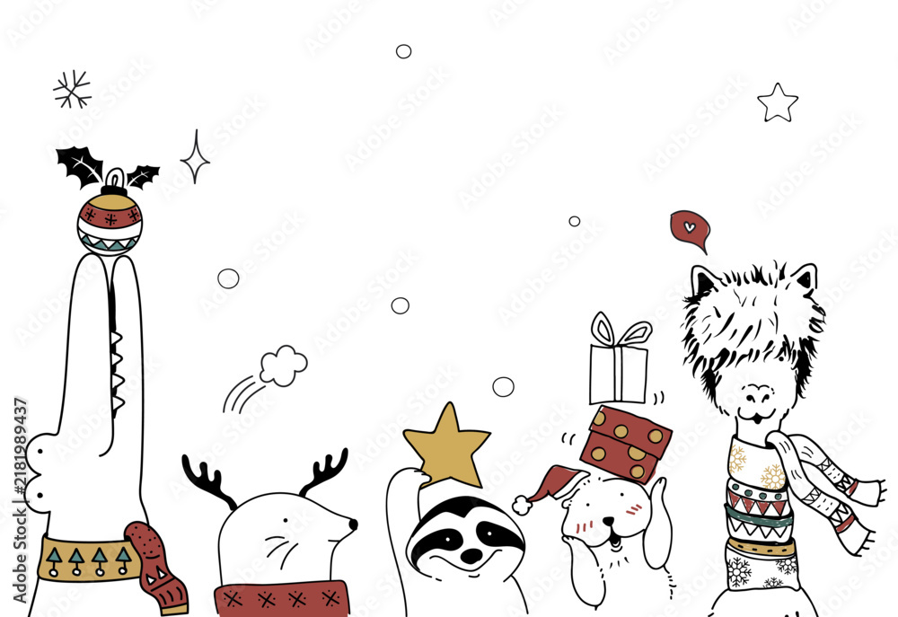 Fototapeta premium Hand drawn animals enjoying a Christmas holiday