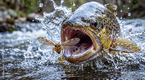 Brown trout catching a caddisfly on the river surface