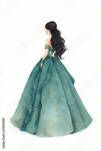 Beautiful princess wearing emerald green ballgown with gold speckles and long flowing black hair stands gracefully in profile