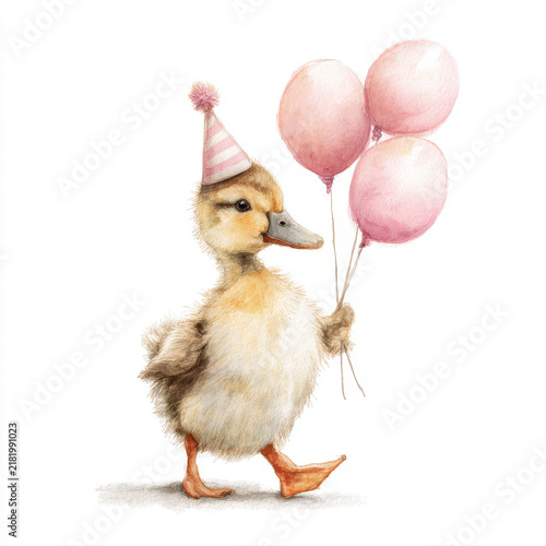 Cute baby duck wearing party hat holding pink balloons walking happily in celebration
