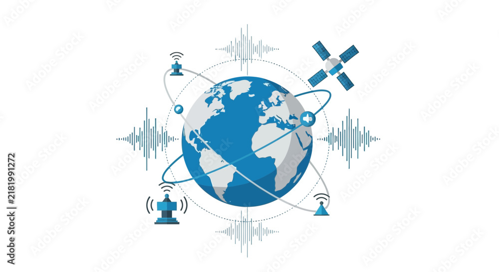 Naklejka premium Global Communication Network Concept Vector Illustration with Earth Globe, Satellite, Radio Waves, and Telecommunication Towers for Data Transmission and Connectivity.