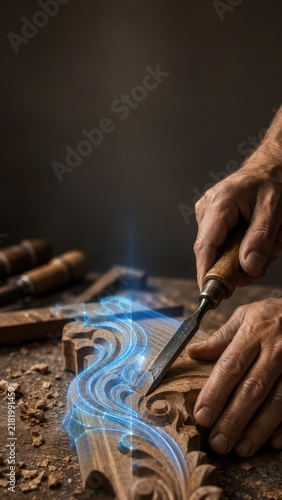 Woodworker Hands Carving Wood with Digital AI Synergy Blueprint Concept
