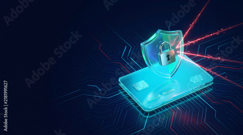 Credit Card Protected by Glowing Security Shield and Padlock