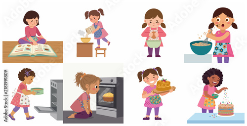 Little girls baking set, cute cartoon illustrations of children cooking, whisking batter, pouring flour, watching oven, and decorating cake, isolated on white background