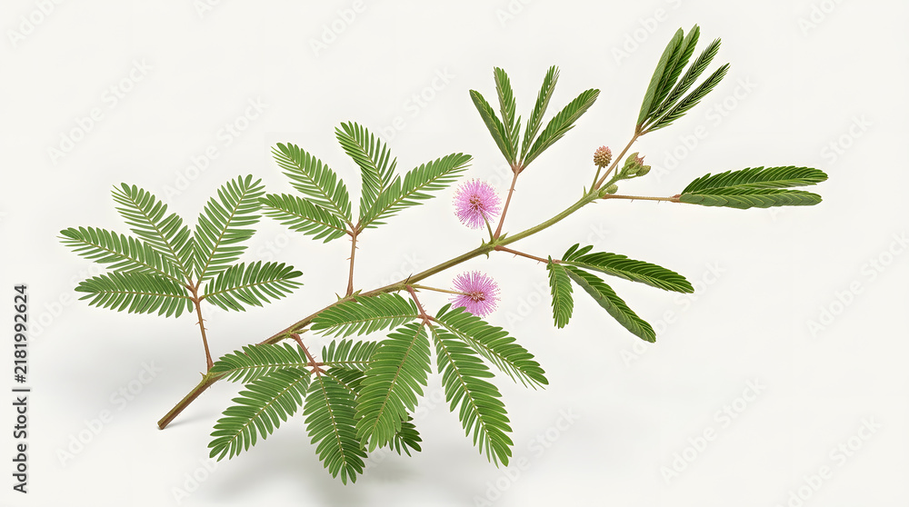 Fototapeta premium Mimosa plant branch with delicate pink flowers on white background