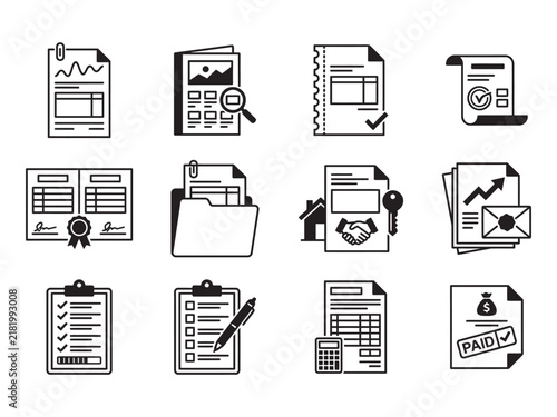 Set of black and white business document icons representing various office tasks and professional administrative paperwork management