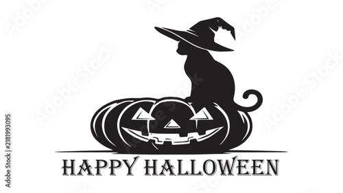 Halloween Pumpkin with Witch Silhouette and Hat, Happy Halloween Typography