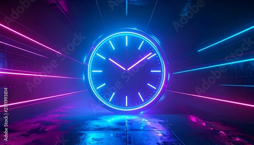 Glowing futuristic clock in a neon cyberpunk corridor with blue and magenta light trails, reflective floor, and dramatic lighting symbolizing time and digital technology.