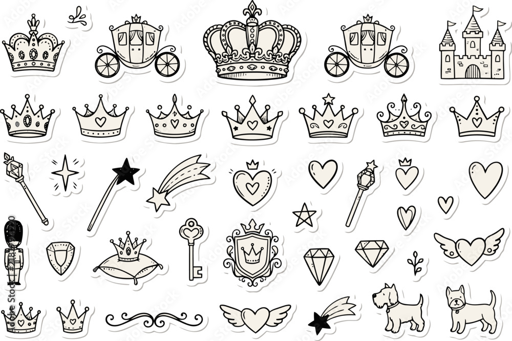 Obraz premium Princess doodle sticker set with crowns and carriages. Hand drawn royal icons collection. Black and white fairy tale vector illustrations.