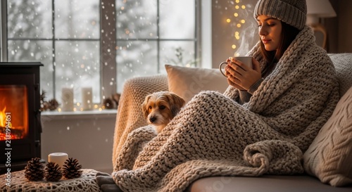 Woman wrapped in a cozy knitted blanket holds a warm mug near a crackling fireplace on a snowy day.