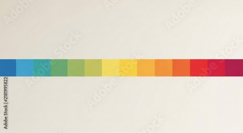 Horizontal row of vibrant colorful squares arranged sequentially by hue on a minimal offwhite background.