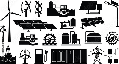 Foto WeRenewable energy silhouettes with wind turbines, solar panels, hydroelectric s