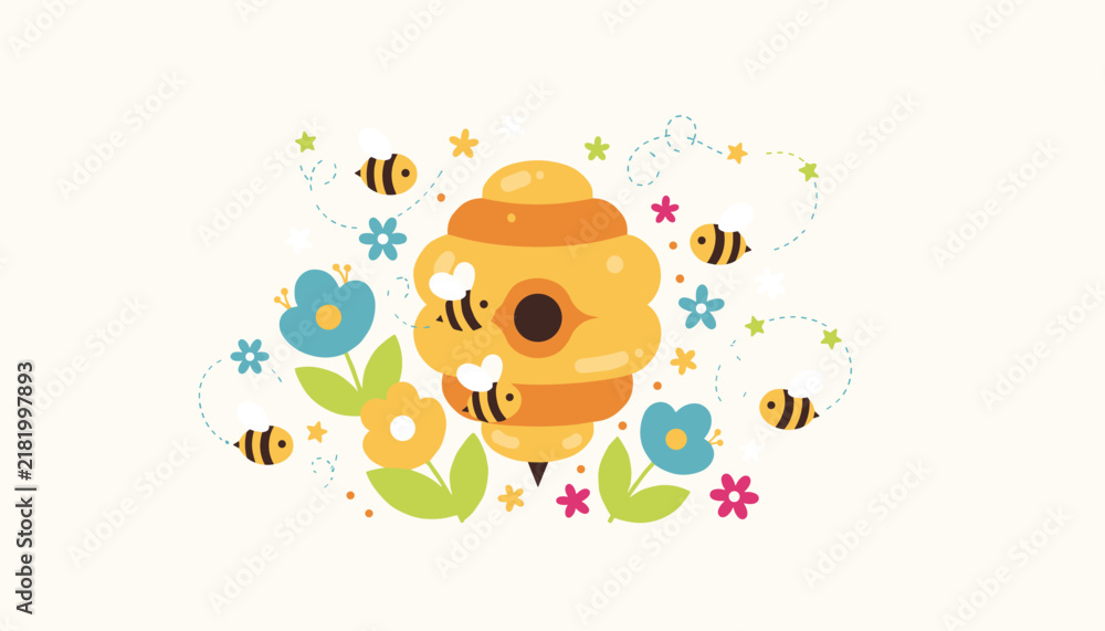 Fototapeta premium Cute cartoon illustration of a hanging golden honey beehive surrounded by flying bumblebees and colorful flowers.