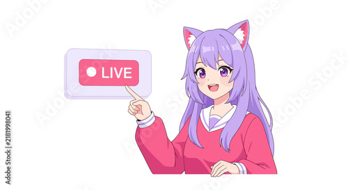 Anime VTuber Character Illustration of a Cute Nekomimi Girl with Purple Hair Pointing at a Live Stream Button, Content Creator Avatar Concept for Social Media