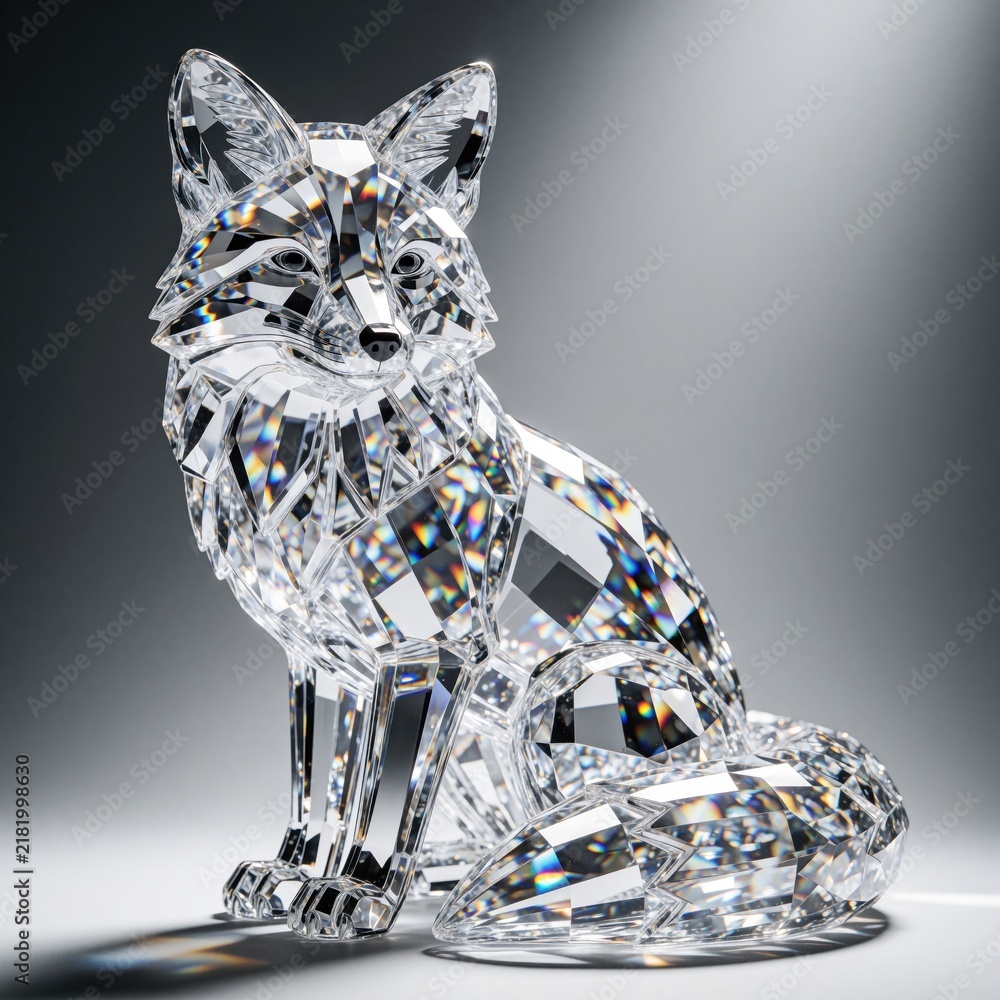Obraz premium Crystal fox figurine, faceted glass animal with rainbow light effects. Elegant mammal sculpture for home decor, shelf display, luxury gift, modern art accent piece.
