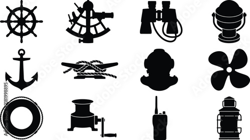 Quadro su tela WebNautical maritime equipment silhouettes including anchor, ship wheel, sextant