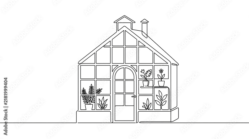 Fototapeta premium Greenhouse line drawing botanical illustration minimalist vector design asset