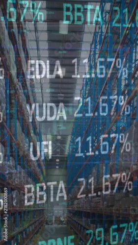 Animation of stock market and financial data processing over empty warehouse
