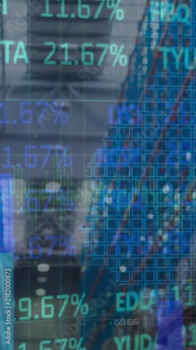Animation of stock market and financial data processing over empty warehouse