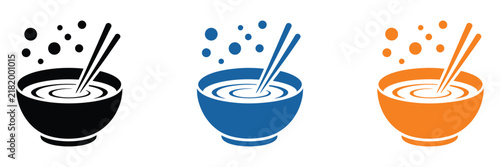 Noodle Bowl Icons Featuring Steaming Noodles with Chopsticks in Black, Blue, and Orange Styles for Asian Cuisine, Food Menus, and Restaurant Design