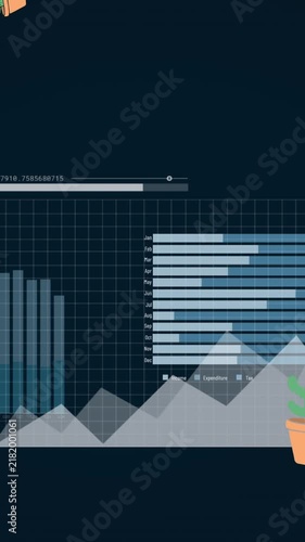 Animation of falling cactus plant over multiple graphs against blue background