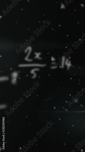 Animation of mathematical equations, light spot and white particles against black background