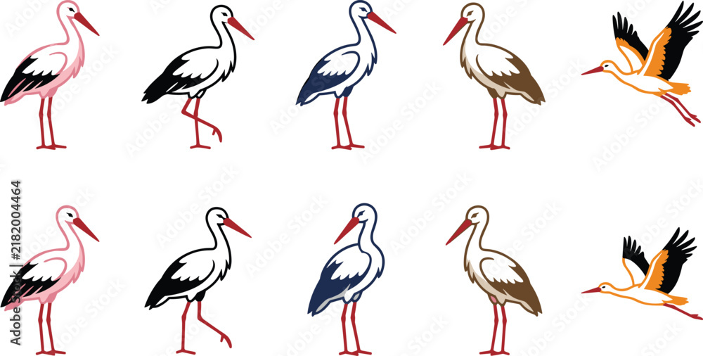 Obraz premium Colorful stork bird collection with standing and flying poses in pink, black, blue, and brown hand drawn vector illustration