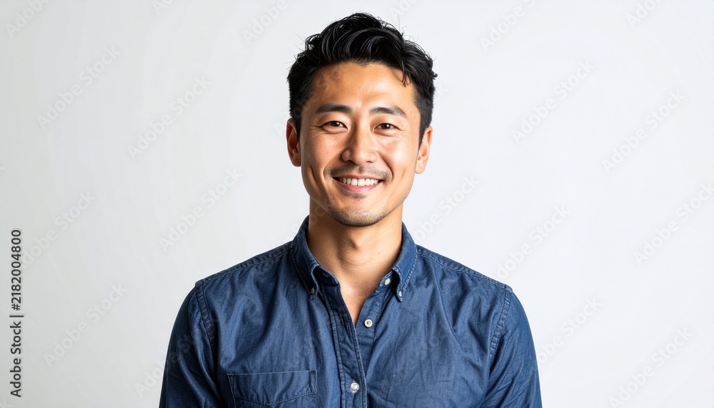 Obraz premium Confident Japanese Man in His 30s Portrait with Natural Skin and Clean White Background