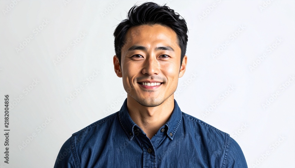 Obraz premium Confident Japanese Man in His 30s Portrait with Natural Skin and Clean White Background