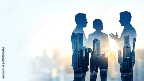Dark Blue Business People Silhouette with Double Exposure Cityscape and Warm Sunset Light