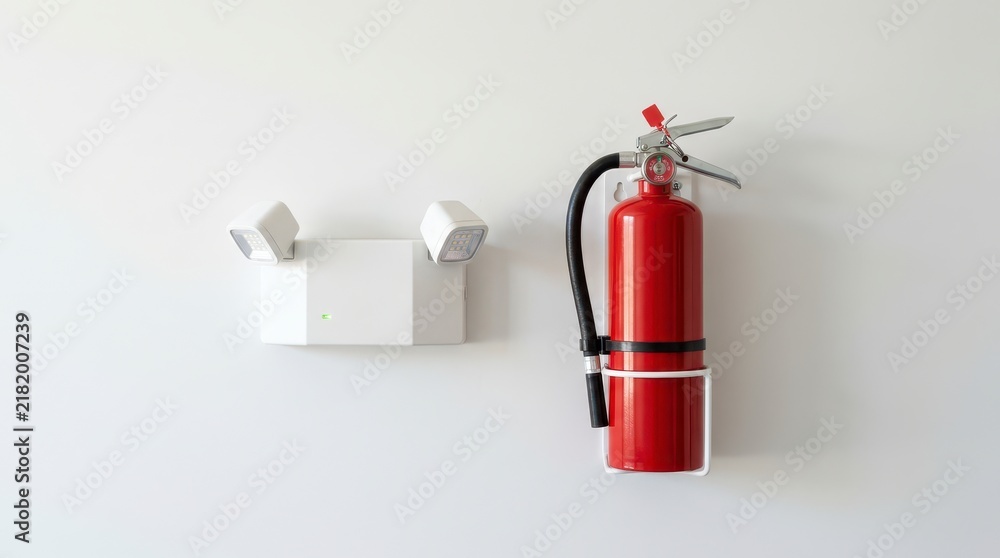 Fototapeta premium Red Fire Extinguisher Mounted on Wall with Emergency Lights for Safety and Fire Prevention