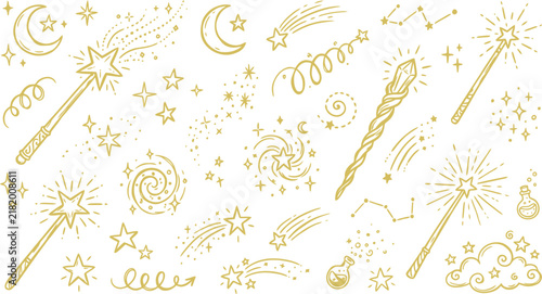 Obraz na plátne Celestial magic wand vector set, gold hand drawn mystical stars and moons, whims